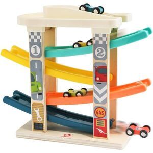 TOP Bright Toddler Wooden Race Track Car Ramp Toy with 4 Mini Cars and Garage